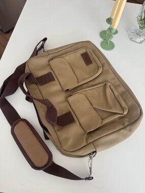 Canvas Laptop Messenger Bag for Men - Khaki with Brown Accents